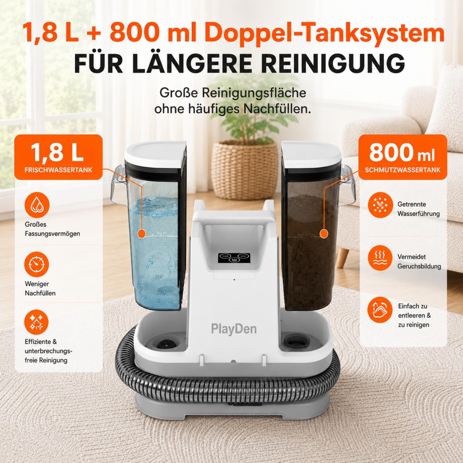 Polsterreiniger Gerät Nasssauger Waschsauger, 450W Waschsauger Teppichreiniger, 12Kpa Polsterreiniger Gerät Mit Tierhaarbürste für Sofa, Teppich, Polster Autositze und Treppen