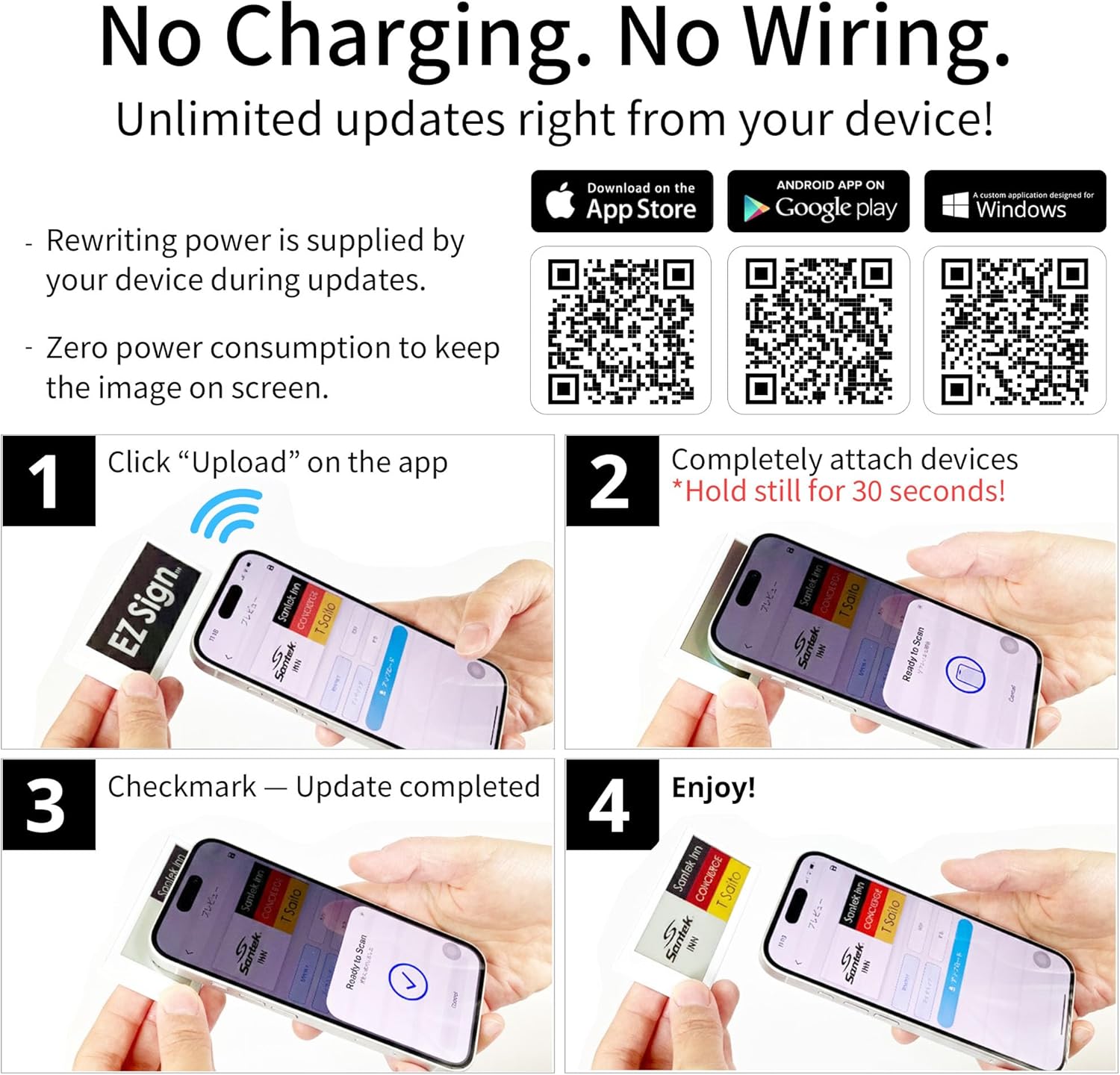 [Santek] EZ Sign NFC E-Paper Display – No Battery, Ultra-Thin 0.13”, Rewritable 4-Color Digital Display, App-Controlled (iOS/Android/PC), IP65 (Black, 2.9" 6pcs, No Stand and Clip Included)
