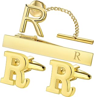 Cufflinks for Men, Tie Clips for Boys, Tie Pin for Men, Gold Color Jewelry Set, Boxed Gift Packing, Initial Letter Jewelry for Him, Metal, No Gemstone
