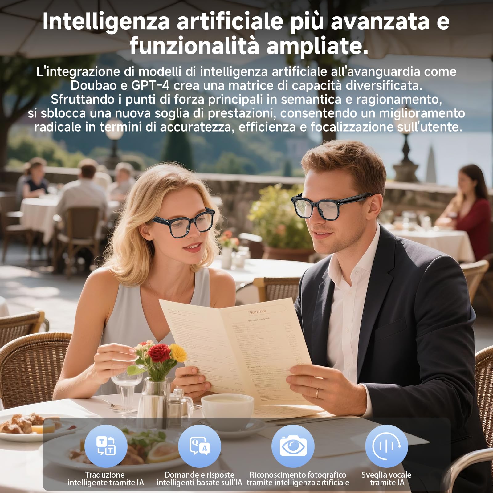 Occhiali intelligenti AI, Smart Glasses con 8K Fotocamera, 2 Paia di Lenti, registrazione video e audio HD 1080p, riproduzione musicale/Chiamate Bluetooth/Assistente AI/traduzione in tempo reale