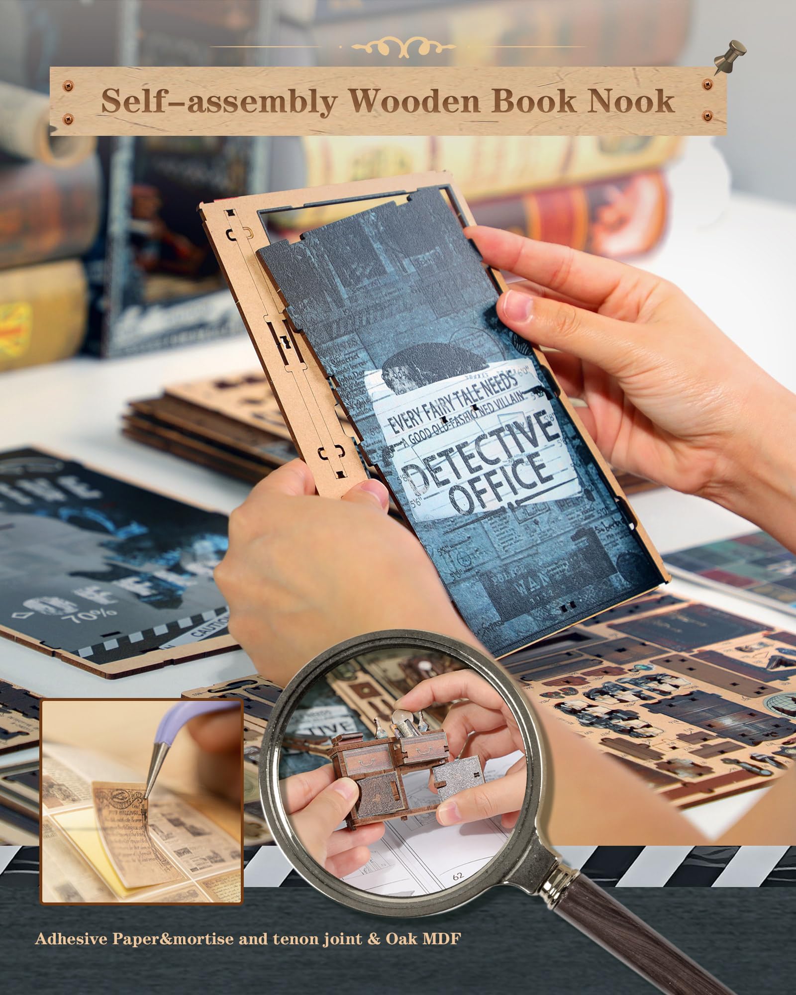 Quanquer Nook - Libro per detective con copertura antipolvere, con luce a LED, stampa 3D in legno, repliche in miniatura per uffici, librerie e mobili, regalo creativo per