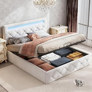 Bett 140x200, Polsterbett Doppelbett mit LED, Hydraulisch Stauraumbett mit Lattenrost, Verstellbare Kopfteil, Funktionsbett, Jugendbett, Ohne Matratze, Beige Samt