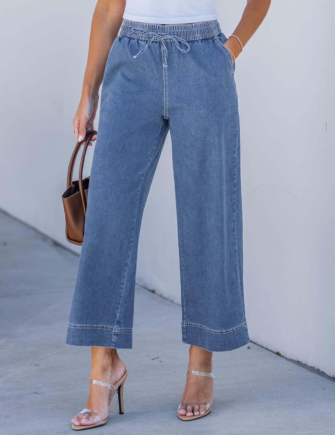 luvamia Wide Leg Jeans for Women High Waisted Cropped Pull On Jeans Elastic Wasit Drawstring Stretch Denim Trouser Pants - Image 7