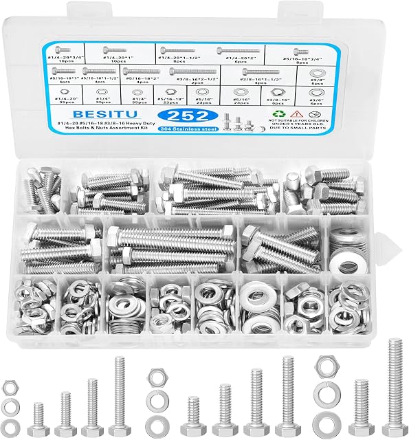 Besitu 252Pcs Kit d'assortiment de boulons et d'écrous Hex, 1/4-20, 5/16-18, 3/8-16 Trousse d'assemblés de boulon et de rondelles, 304 Ensembles de vis en acier inoxydable avec boîtier