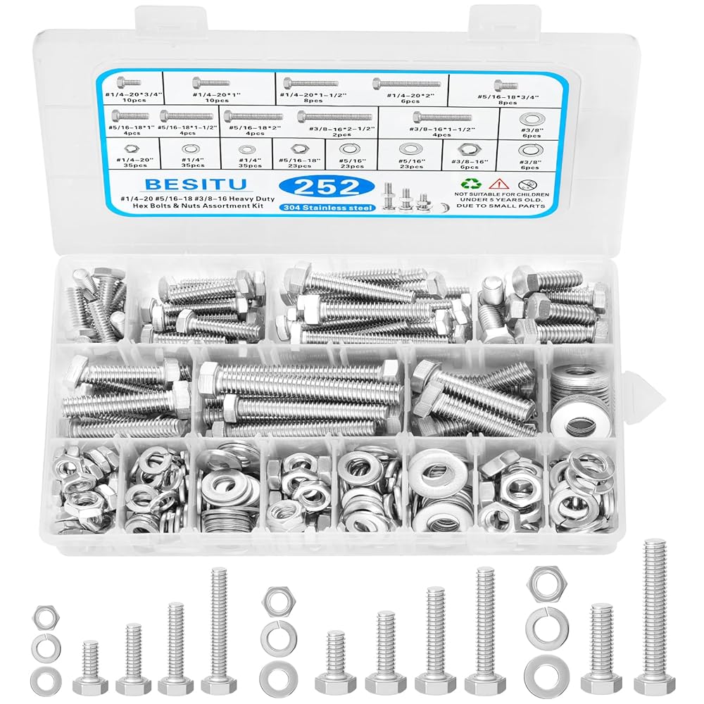 304 Stainless Steel Hex Bolts & Nuts Assortment Kit (252 Pcs) with Storage Case