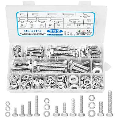 Besitu 252Pcs Hex Bolts and Nuts Assortment Kit, 1/4-20, 5/16-18, 3/8-16 Assorted Bolts Nuts and Washers Kit, 304 Stainless Steel Machine Screw Sets with Case