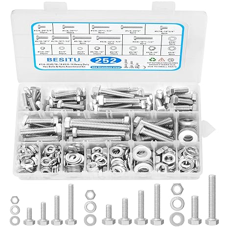 Besitu 252Pcs Hex Bolts and Nuts Assortment Kit, 1/4-20, 5/16-18, 3/8-16 Assorted Bolts Nuts and Washers Kit, 304 Stainless Steel Machine Screw Sets with Case