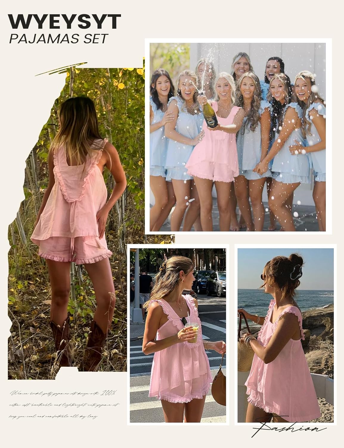 Wyeysyt Womens Pajamas Set 2 Piece Cotton Ruffle Pj Lounge Sets Trim Cami Top and Shorts Sleepwear Set - Image 6