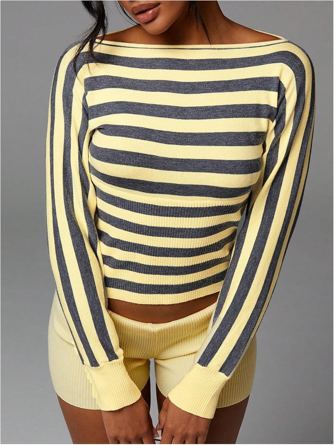 SOLY HUX Women's 2 Piece Outfits Striped Long Sleeve Knit Sweater Tops and Mini Shorts Matching Set - Image 4