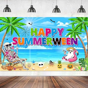 Summerween Decorations Banner Backdrop With Bright Beach Scene for Photos
