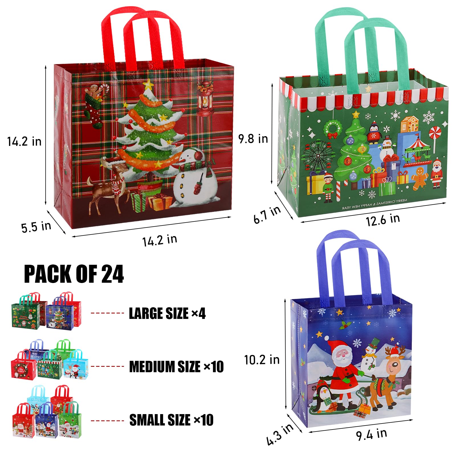 FUHITIM 24 Pack Bags - Non-Woven Christmas Tote Bags Includes 4 Large, 10 Medium, 10 Small with Handles for Gifts & Party
