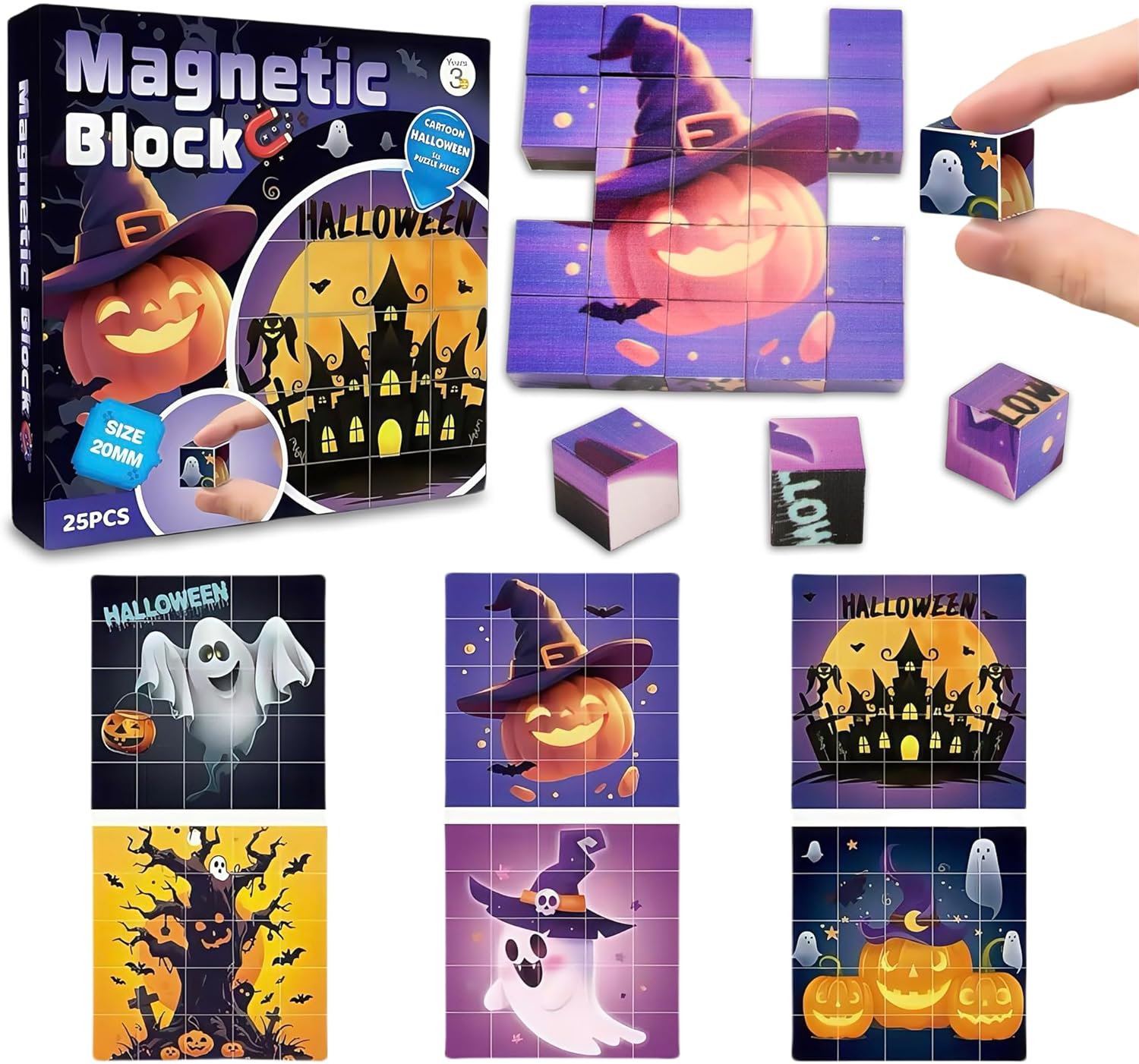 Magnetic Blocks Building Toy,Ritastar 25pcs Mine Stacking Magnet Build Cubes Cartoon Pattern World,STEM Sensory Construction Toys for Kids Gift,Educational Jigsaw Puzzle Set with 3D Halloween Designs