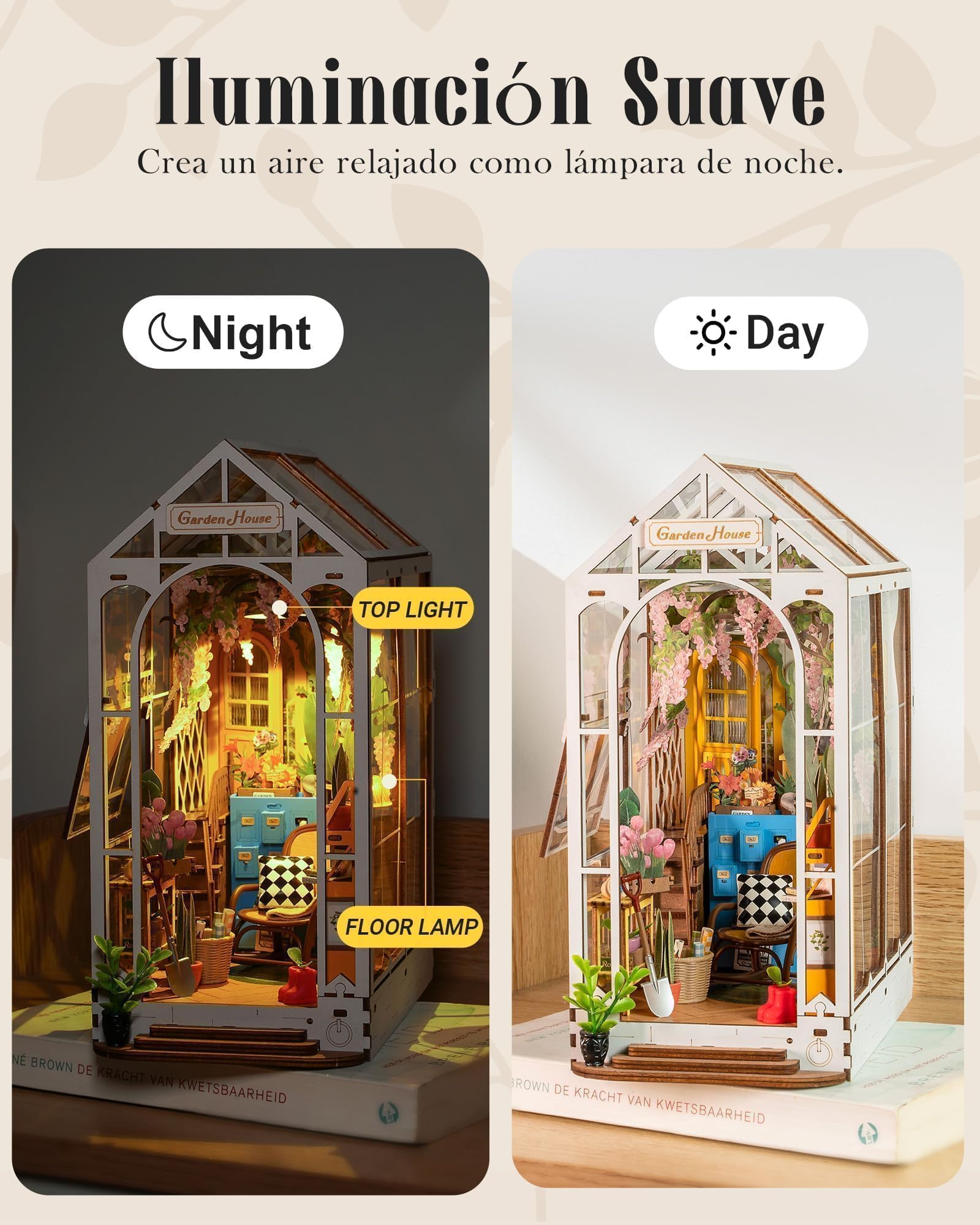 ROWOOD Book Nook Kit Gardenhouse, Booknook DIY Miniaturowy zestaw do domu ze światłem LED, podpórki do książek, zestawy modeli dla dorosłych do budowania, 3D, drewniane puzzle, regał na książki