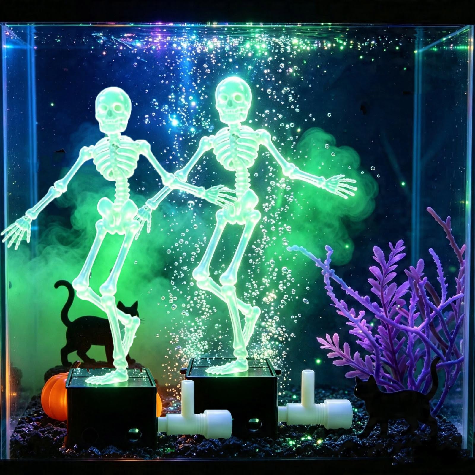 Halloween Dancing Skeleton Bubbler, Air Movable Fish Tank Oxygen Decor, 3D Jointed Skull Aeration Ornament with Suction Cup & Air Valve, Spooky Halloween Tank Decor for Home & Office Aquarium
