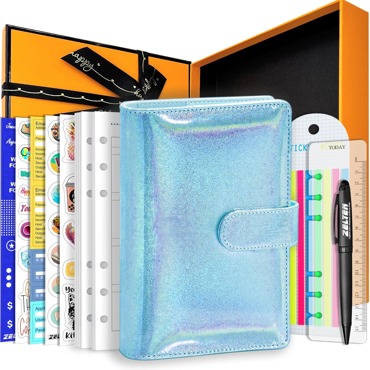 PU Leather Personal Notebook Planner with 67 Pages Loose-Leaf Papers 6 Holes Ring Binder Pen Holder Magnetic Buckle (Indigo Glitter, A6 Gift Box)