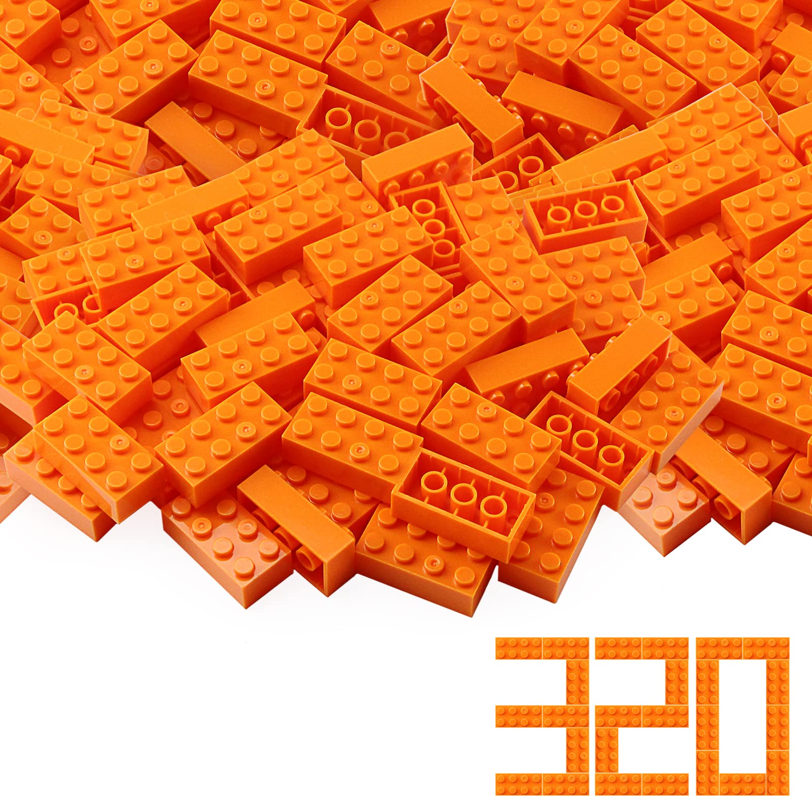 Classic 2x4 Bricks Orange 320 Pieces Parts Building Kits Creative Play Set Basic Blocks Toy Accessories Compatible with 3001 Major Brands (Orange)