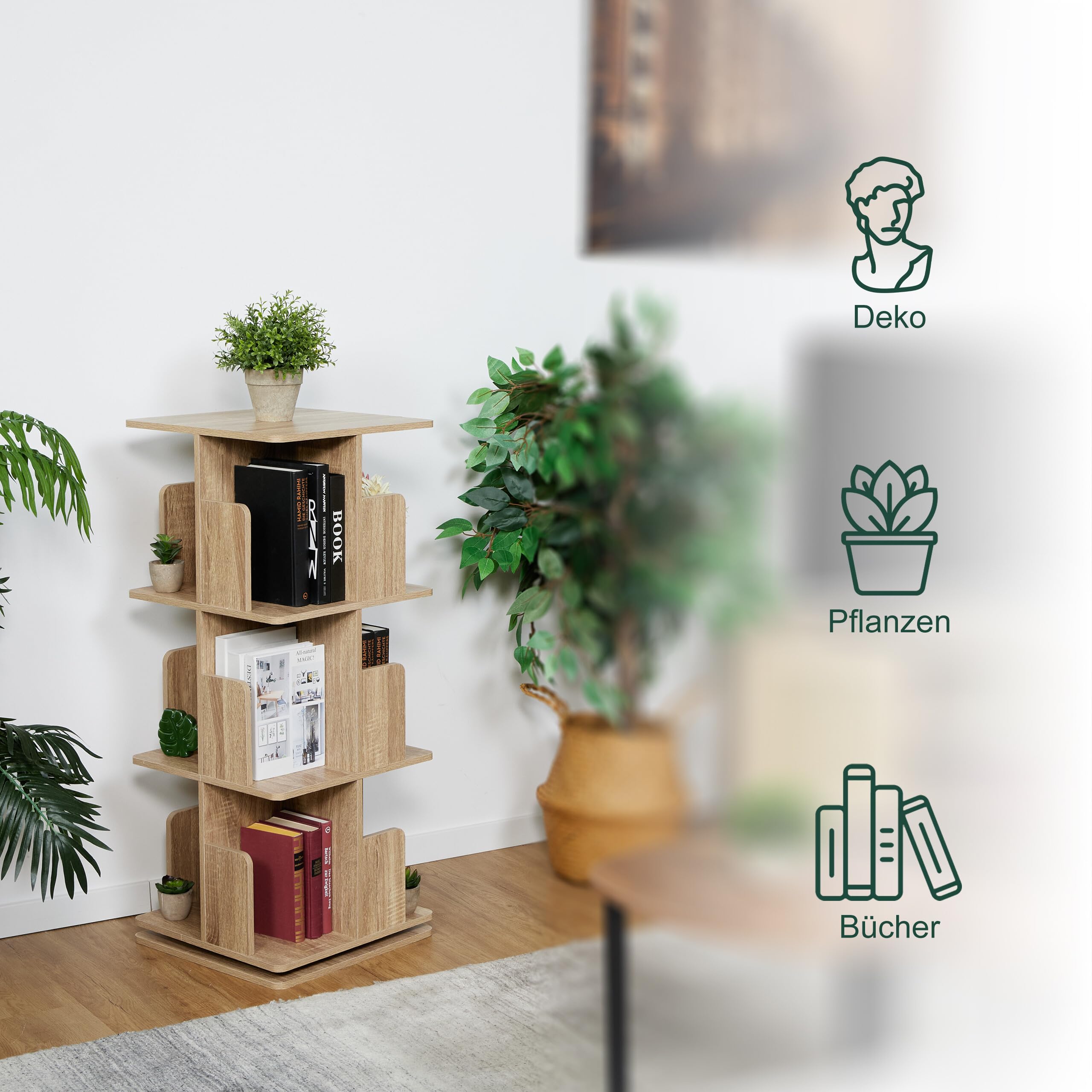 Relaxdays Bücherregal, 360 Grad drehbar, 3 Ebenen, Holzoptik, Bücher, HBT: 95 x 39 x 39 cm, Wohnzimmer Drehregal, natur