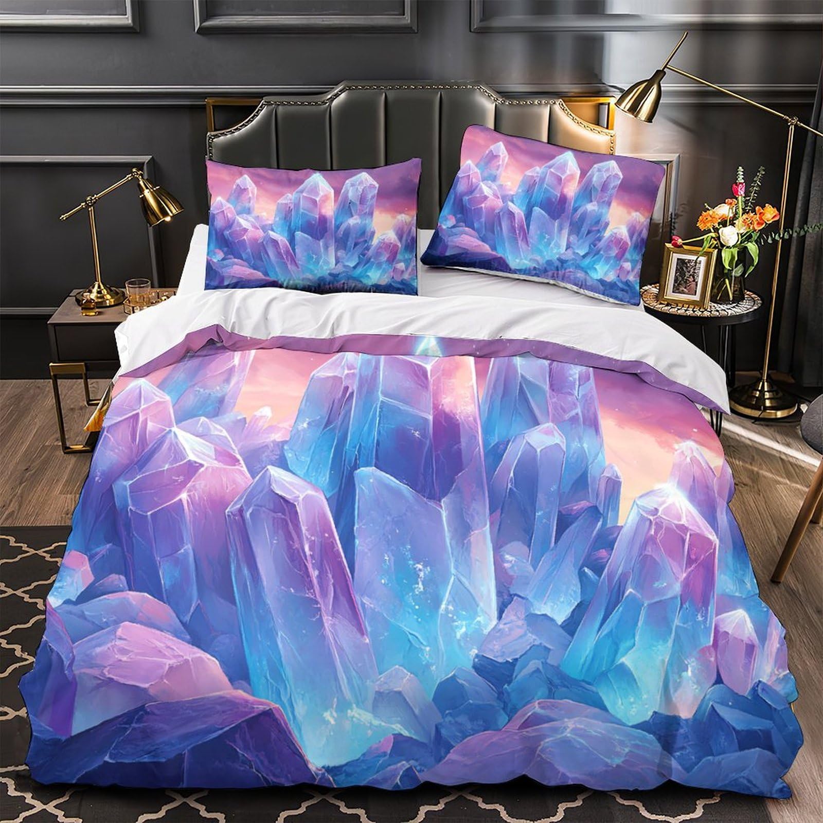 Housse de couette 3D formations cristallines parure de lit microfibre respirante garçon single