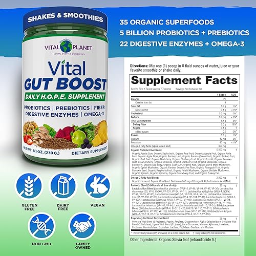 Vista 2 de Vital Planet - Vital Gut Boost Powder de Brenda Watson, suplemento PBS Gut Check Hope con fibra 35, aceite Omega 3, probióticos y enzimas