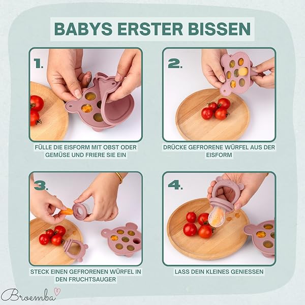 Grignoteur Bébé & 3 Tétines avec Moule à glace - Sucette Rose en Silicone avec Anneau de dentition, Grignoteur pour fruits & légumes, Bac à glaçons avec couvercle - 5
