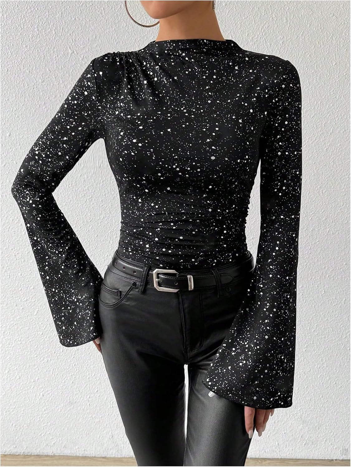 SOLY HUX Women's Sparkly T Shirt Mock Neck Bell Long Sleeve Ruched Fitted Tee Party Going Out Tops