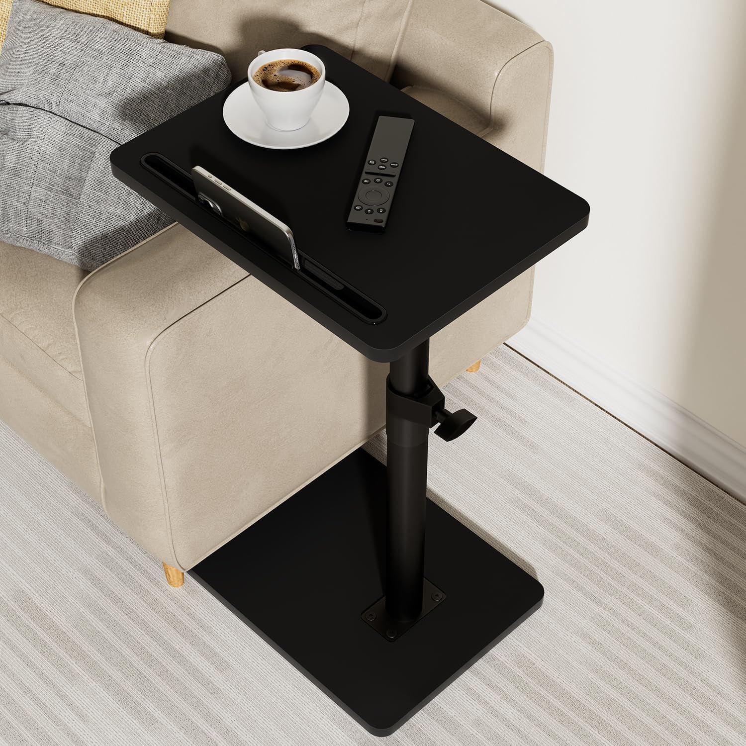 Sofa Armrest Tray Table for Couch - 360° Swivel Height Adjustable End for Small Spaces, Snack Side Table for Bed or Chair with Phone & Tablet Slot (Black,Standard)
