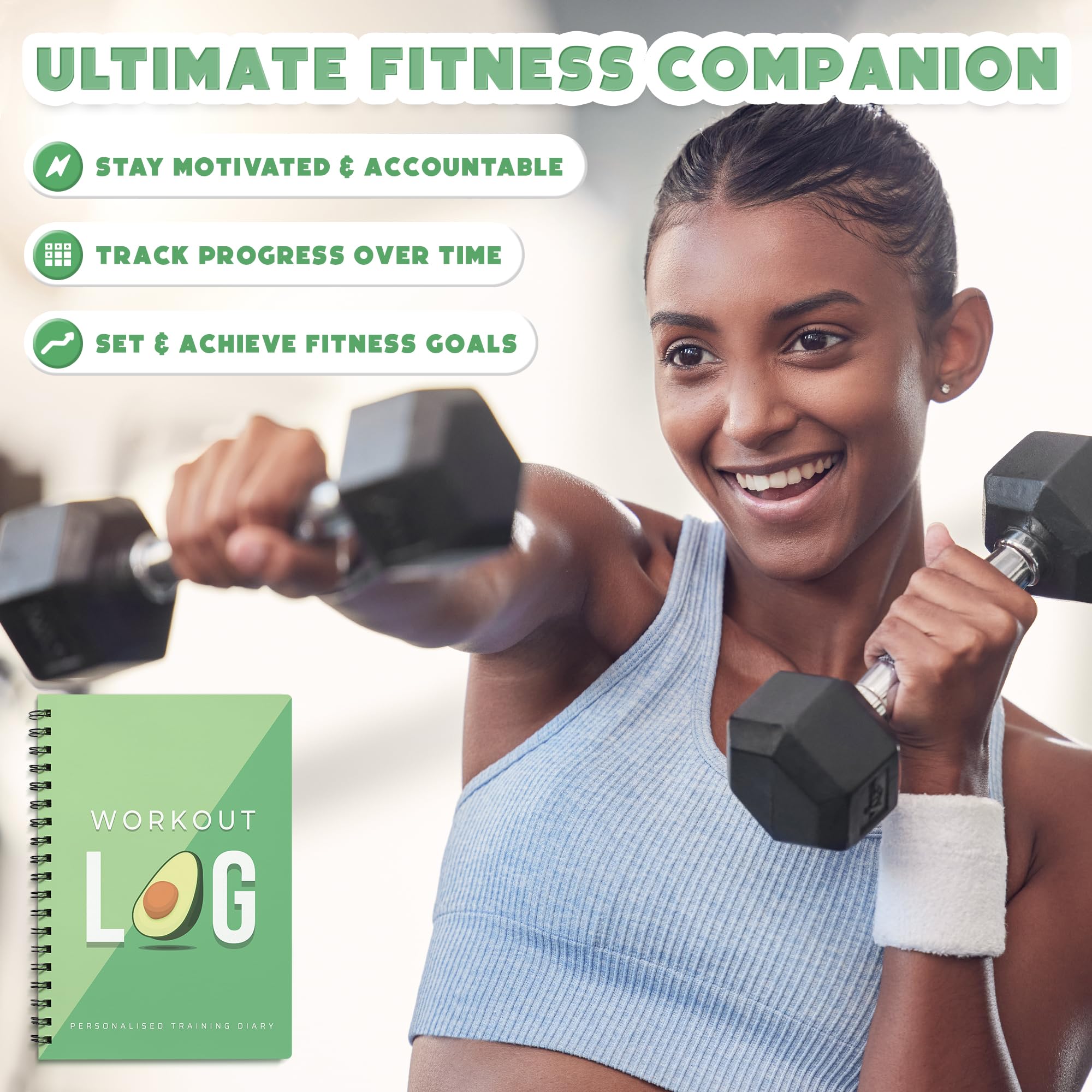 Fitness Logbook - Workout Planner - Formato A5, Verde avocado - Copertina più spessa migliorata - Diario di allenamento - Impostazione degli obiettivi per il bodybuilding - di Workout Log