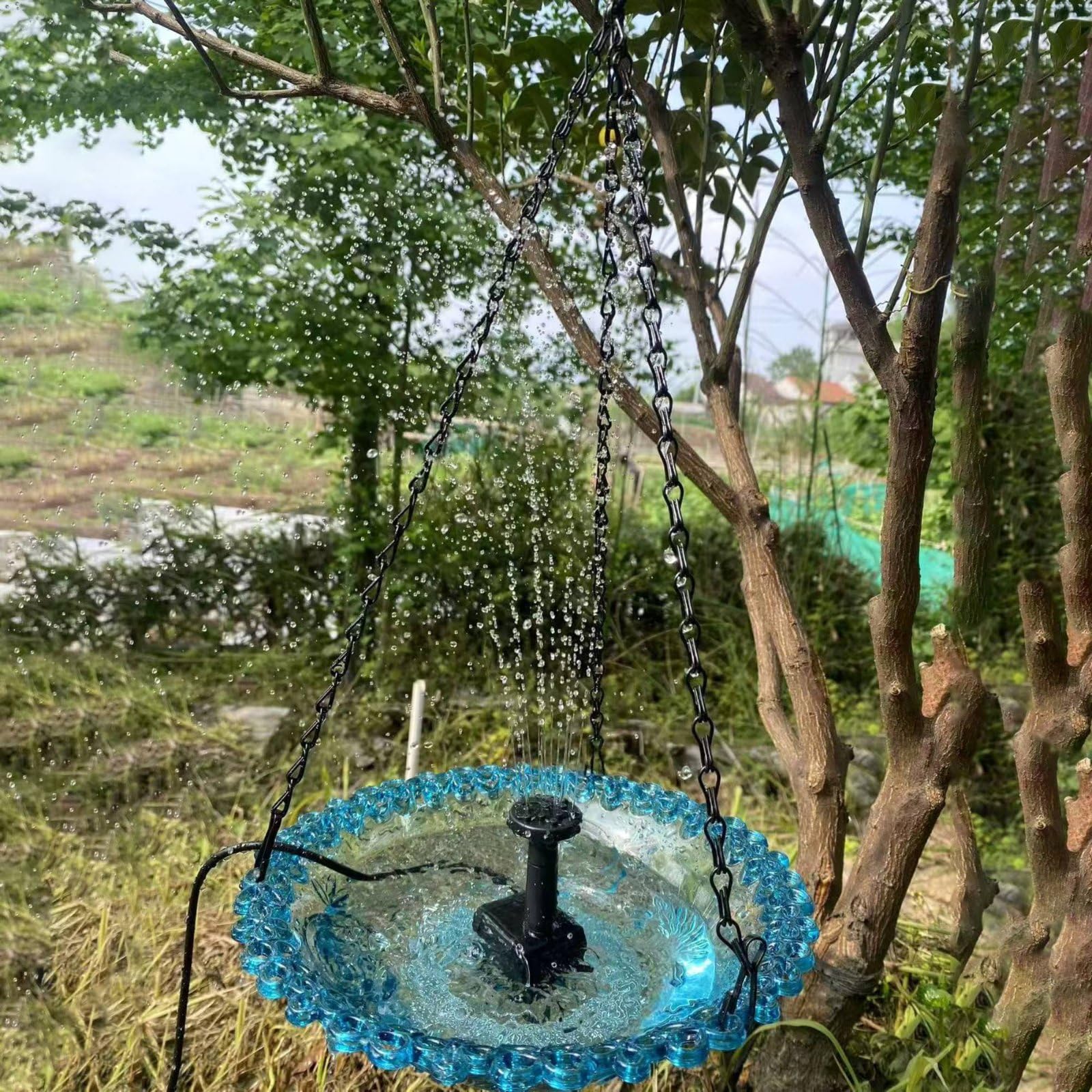Hängende Vogeltränke Vogelbad Futterspender Wasserschale Brunnen Solar Modul Integriert Autonomer Betrieb Stabile Metallkette Komplettes Set für Garten Balkon Terrasse