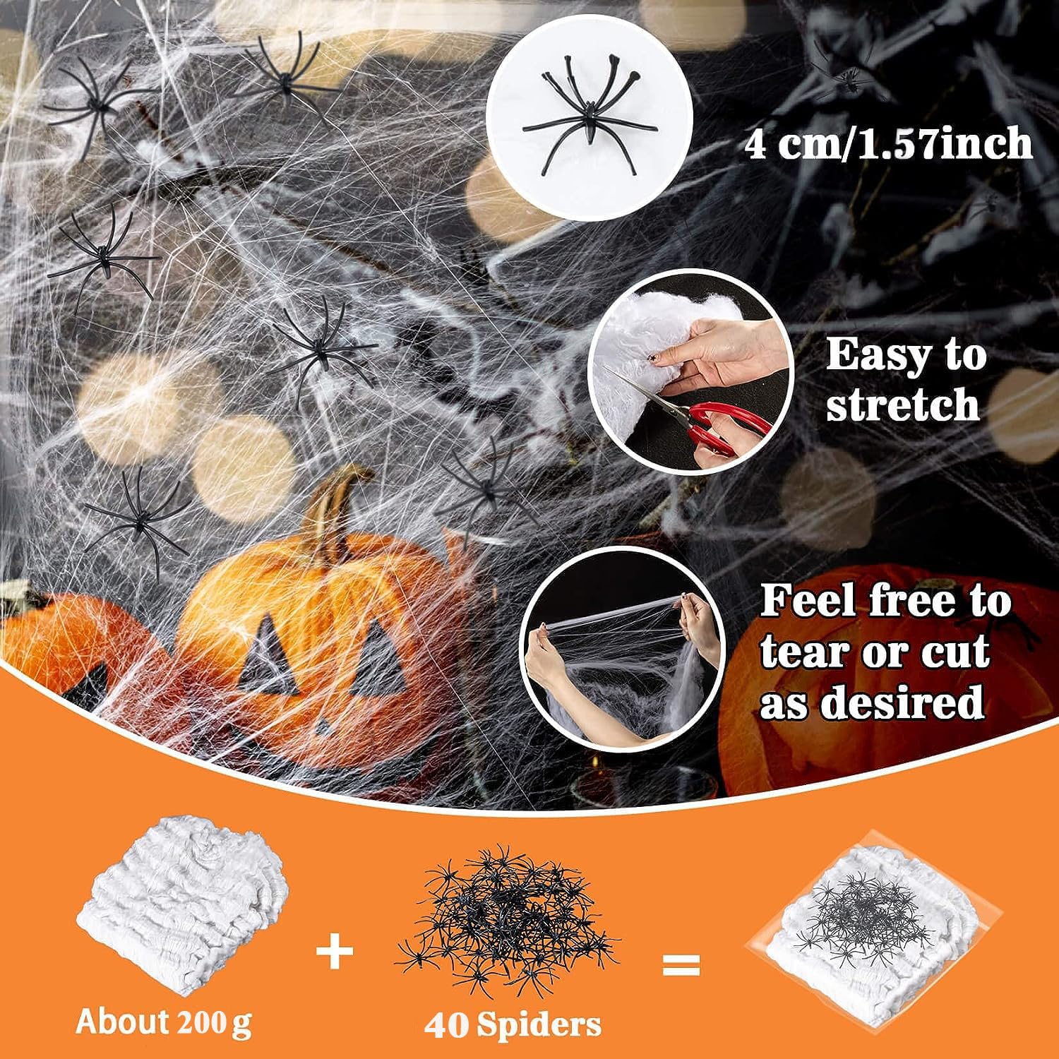 Set Decorazioni Halloween: 60g Di Ragnatela Estensibile (300 Piedi Quadri) + 30 Ragni Finti Realistici