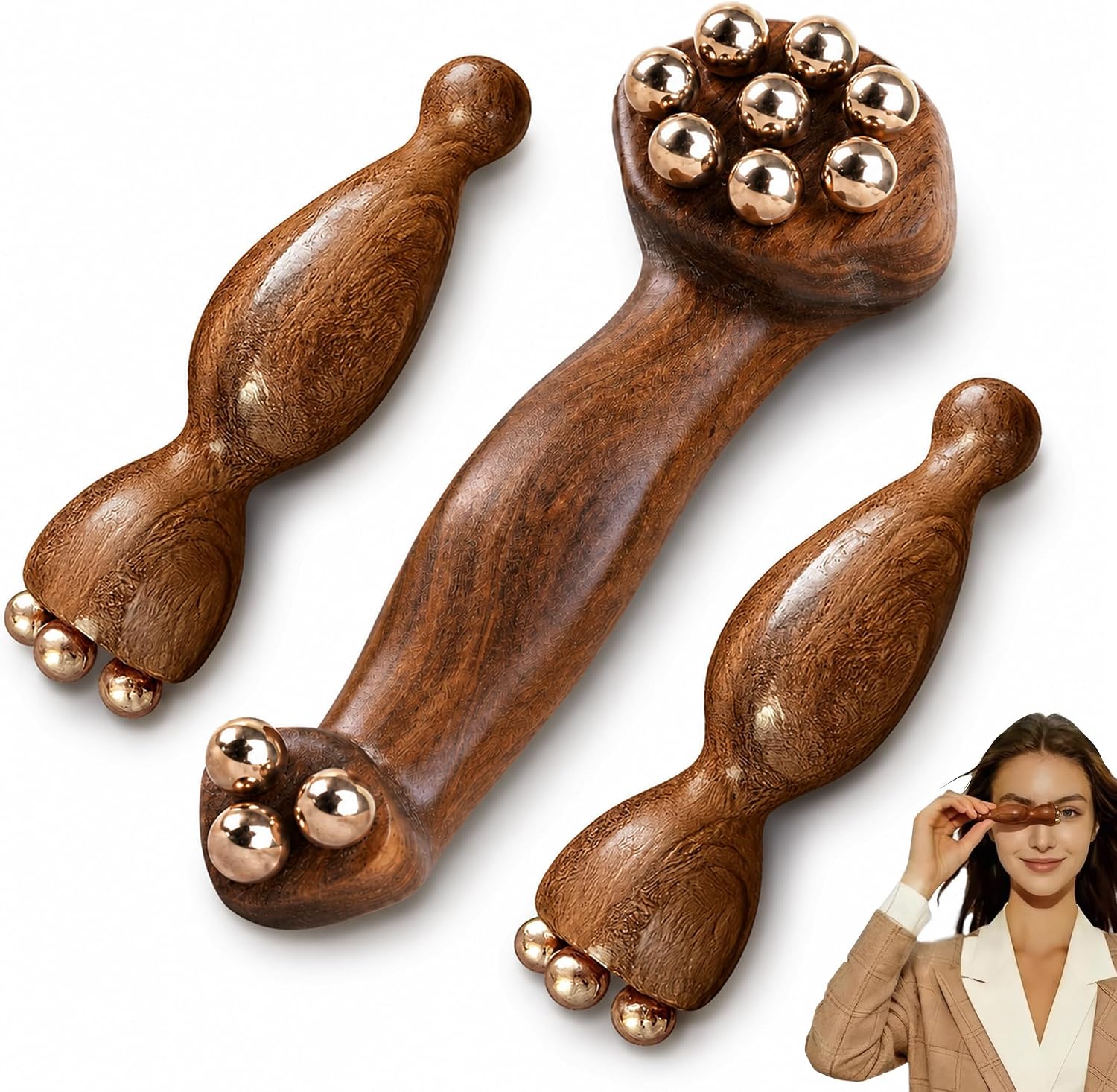 3pcs Sandalwood Gua Sha Set & Dual Eye Roller Massage Tool, for Puffy Eyes