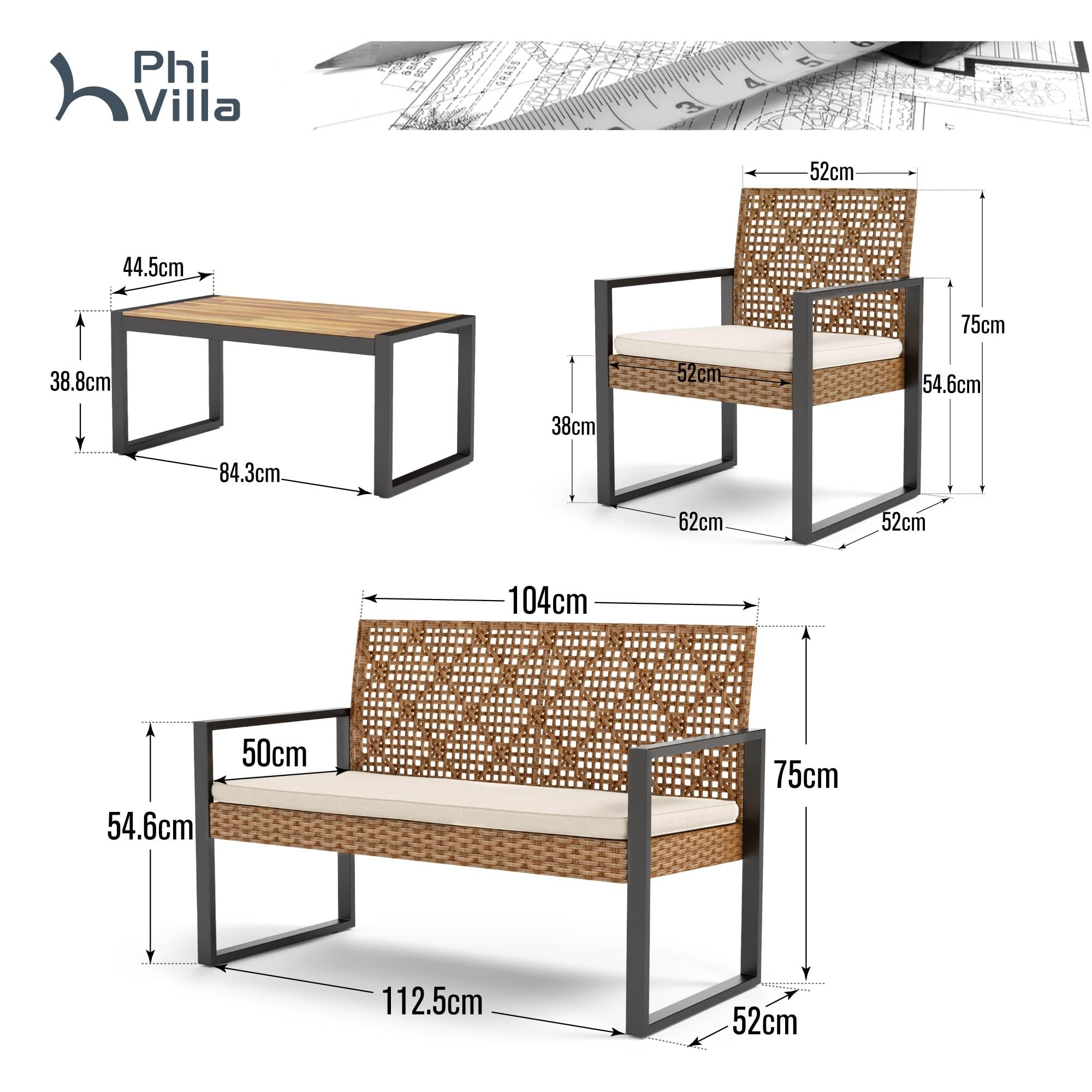 PHI VILLA Gartenmöbel Balkonmöbel Set mit 1 x 2-Sitzer Sofa, 2 x Sessel und 1 x Tisch, 4 Personen Outdoor Lounge Möbel Gartensofa. Wetterfest Rattan Balkon Lounge für Garten Terrasse, Beige & Braun