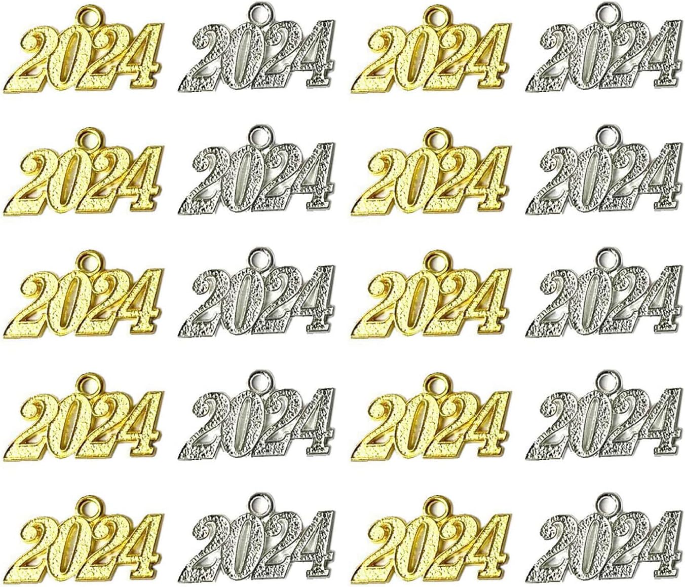 Year 2024 Charms Alloy 2024 Letter Charms 2024 Year Charms for New Years Eve Gift Jewelry Handcraft Graduation Tassel DIY, 20 Pcs (Gold and Silver)