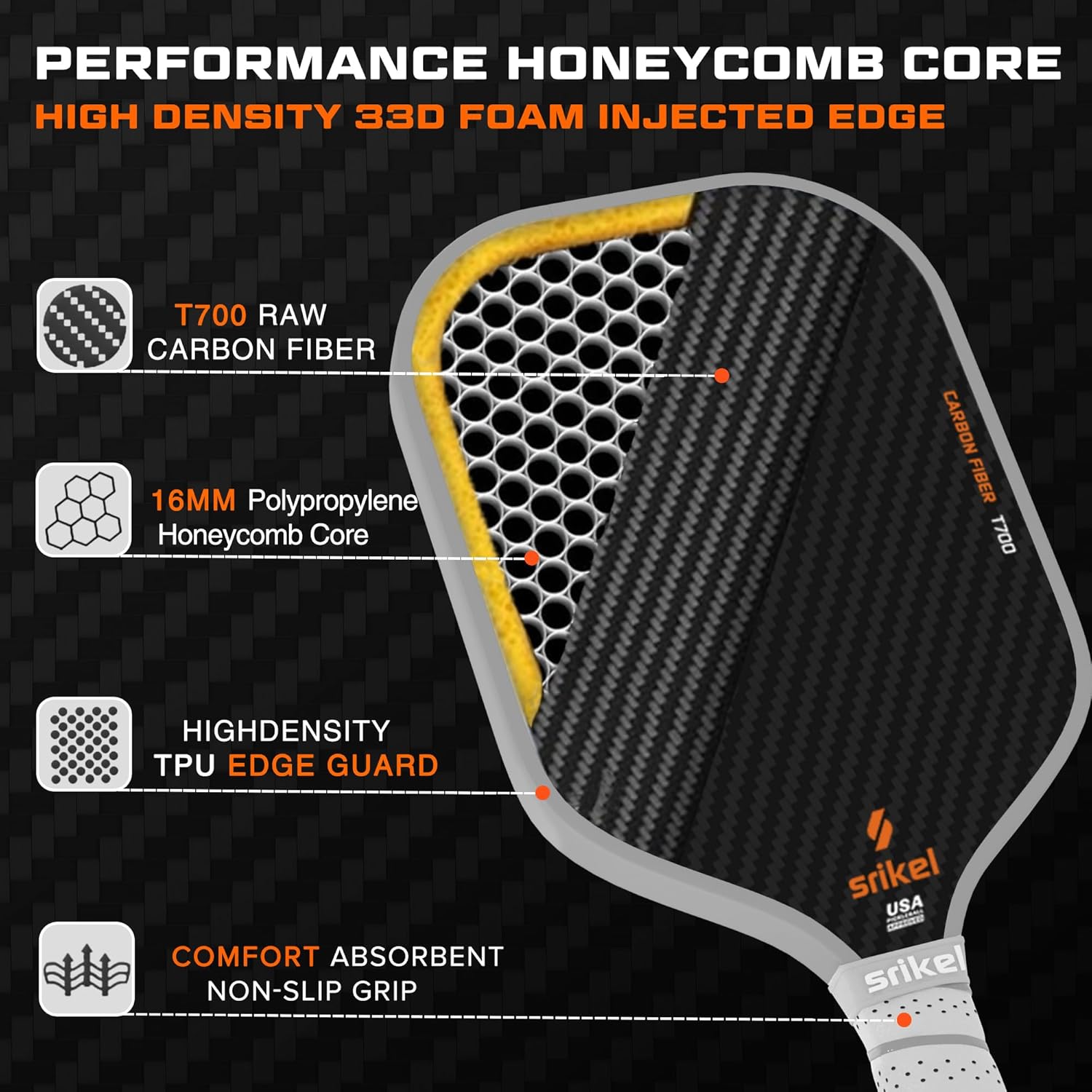 Pickleball Paddles, Raw T700 Carbon Fiber Pickleball Paddle, 16mm Power Polymer Core, Professional Rackets for Great Spin, Control & Precision Shots, USAPA Approved - Image 2