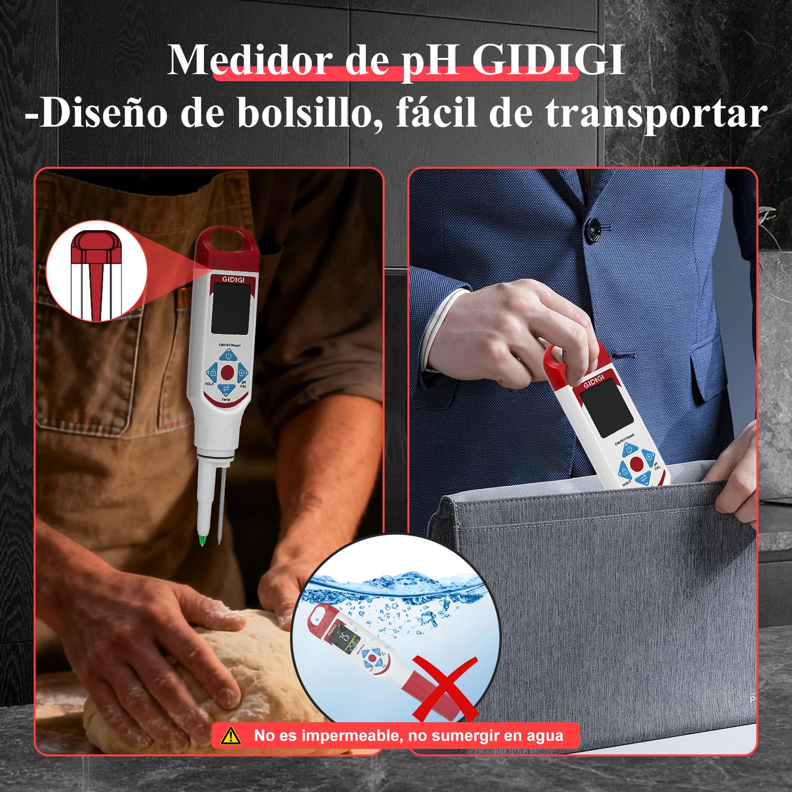 Phmetro Alimentos Medidor pH Digital con Sonda Punta de Lanza para Masa Madre Fermentación Salsas Calientes Vino