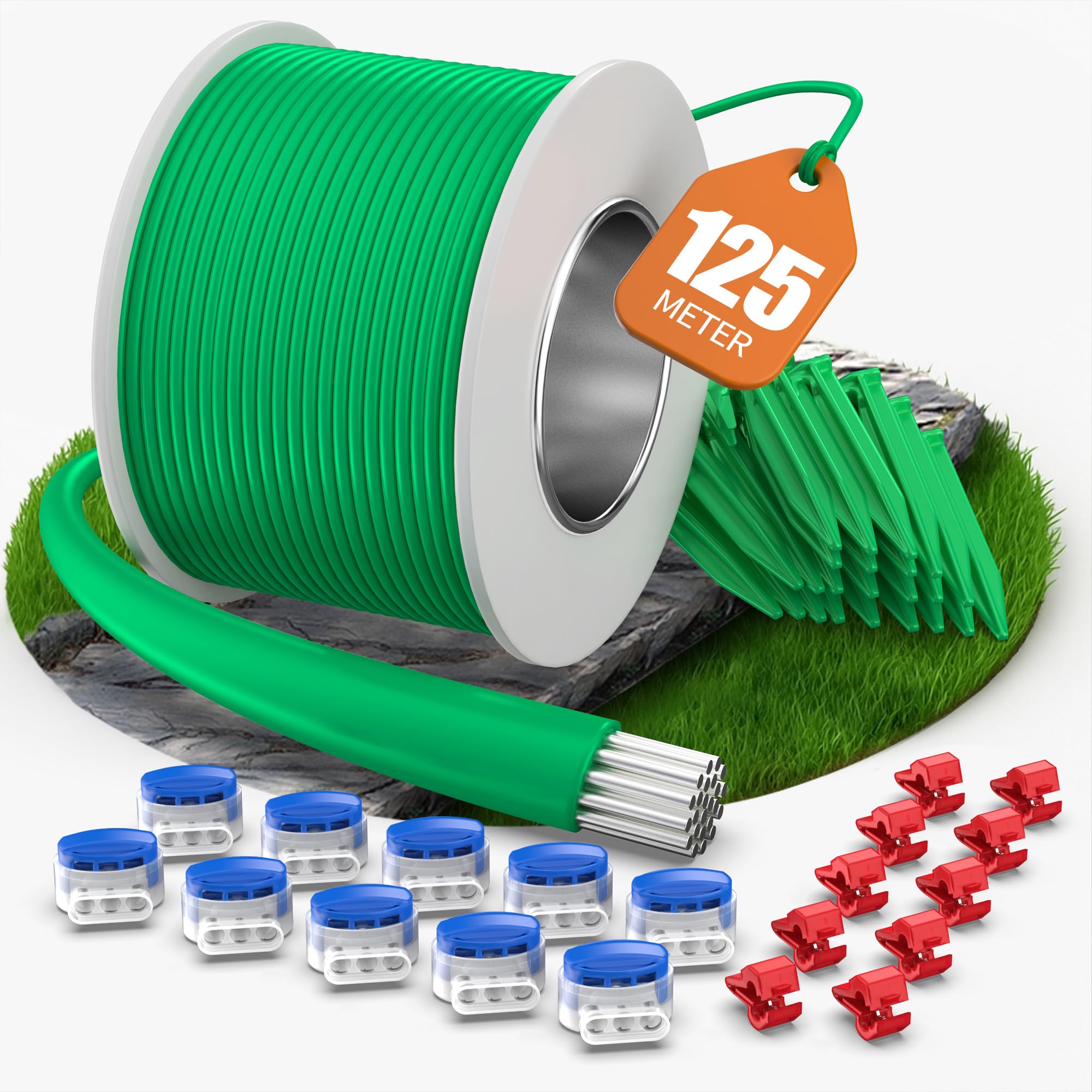 COZCLAM 25/75/125/175m Begrenzungskabel Mähroboter + 10 Kabelverbinder + 10 Anschlussklemmen + 25/50/100 Erdnägel, Rasenmäher Kabel Zubehör Set