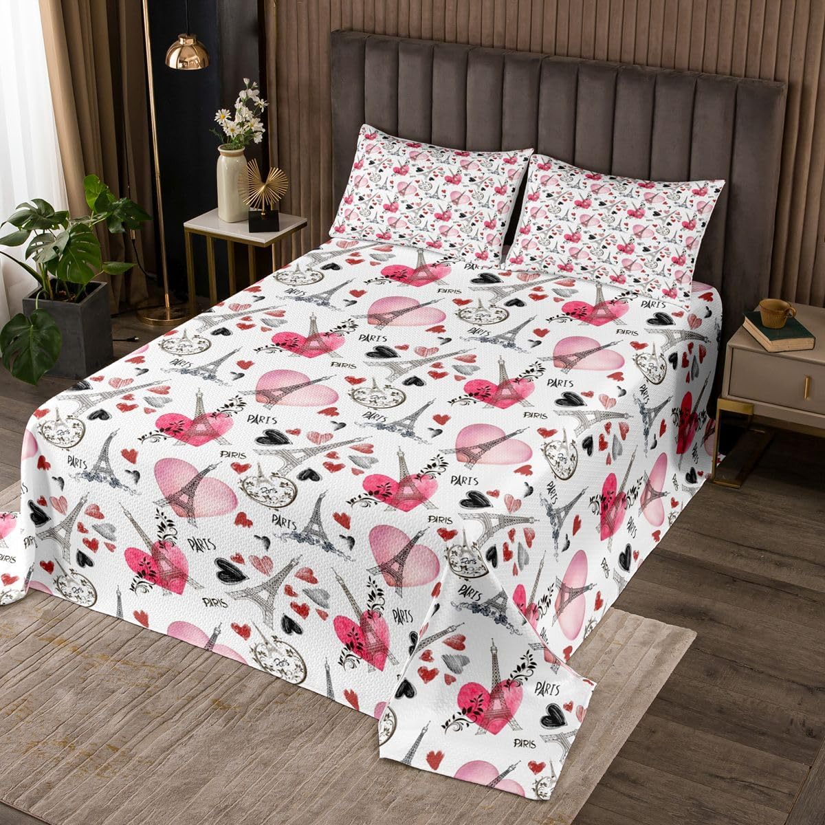 Erosebridal Valentine's Day Quilt Queen Romantic Love Bedspread Red Heart I Love You National Language Coverlet for Lover Couple Man and Wife Geometric Stripes Room Decor Quilted