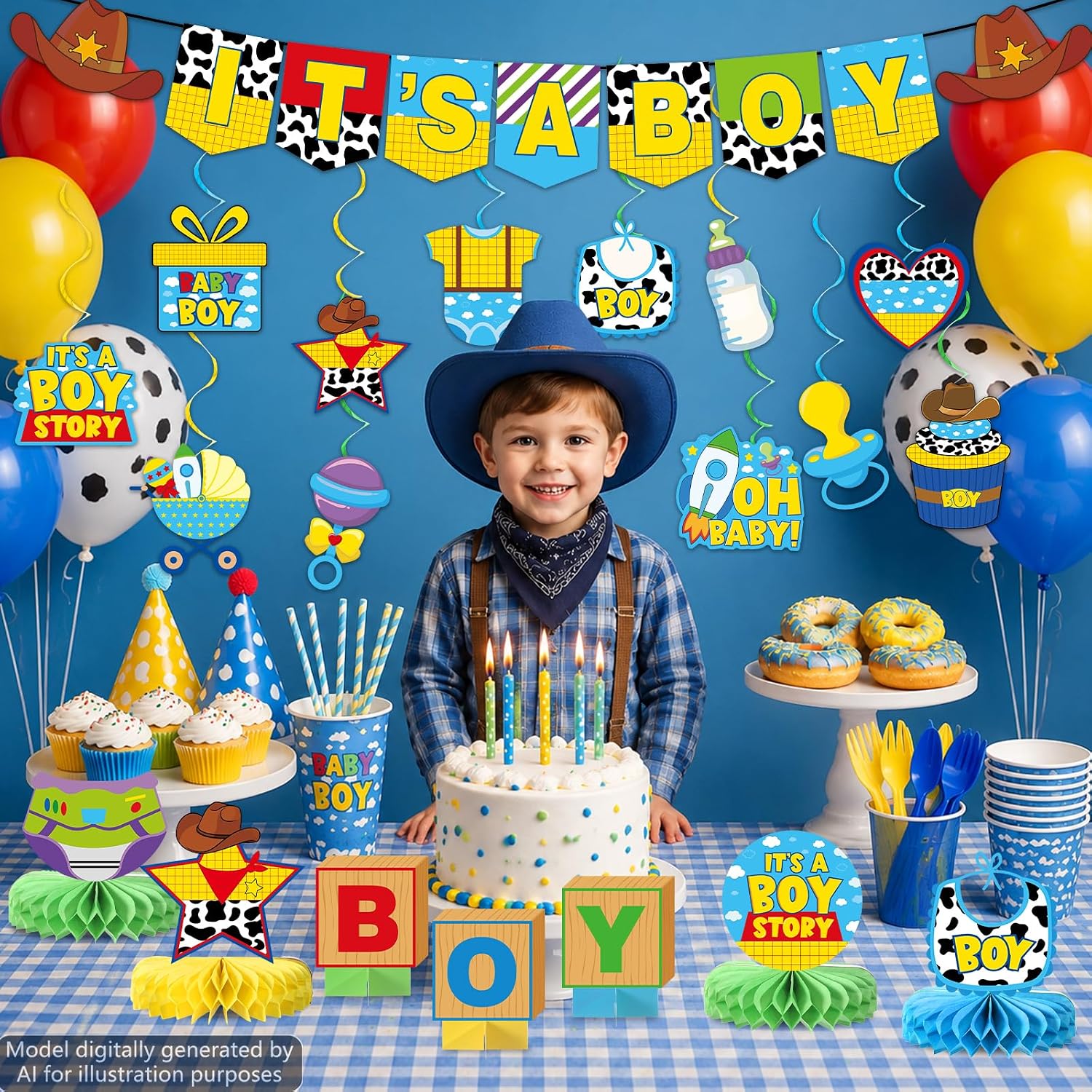Boy Story Party Supplies Cartoon story Baby Boys Happy Birthday Banner Cowboy Hanging swirl Ceiling Streamers It's a Boy Honeycomb Centerpieces for Baby shower Gender Reveal Birthday Party Table Decor