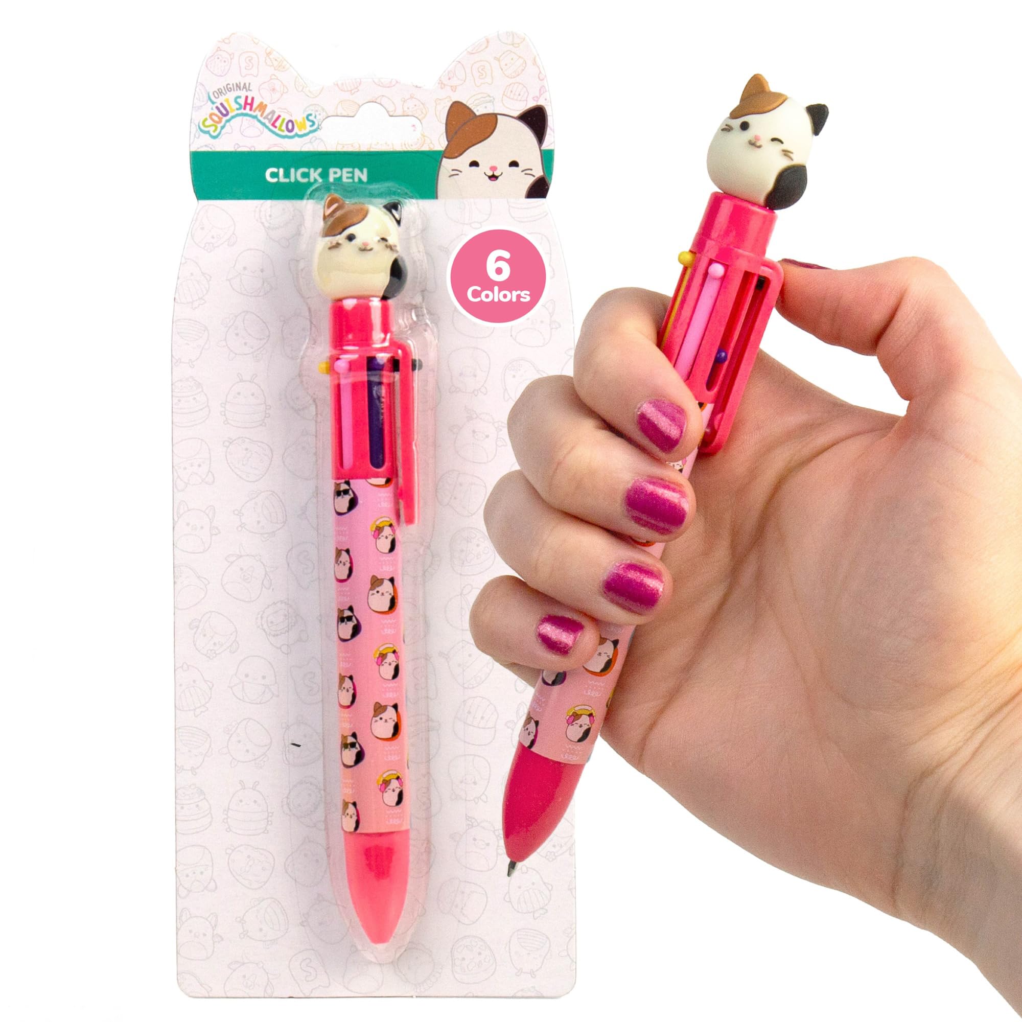 Original Squishmallows Multicolor Pen, Novelty Pen With 6 Inks and Cam the Cat Topper, Cool School Supplies, Cute Pens and Stationery, Gifts for Girls