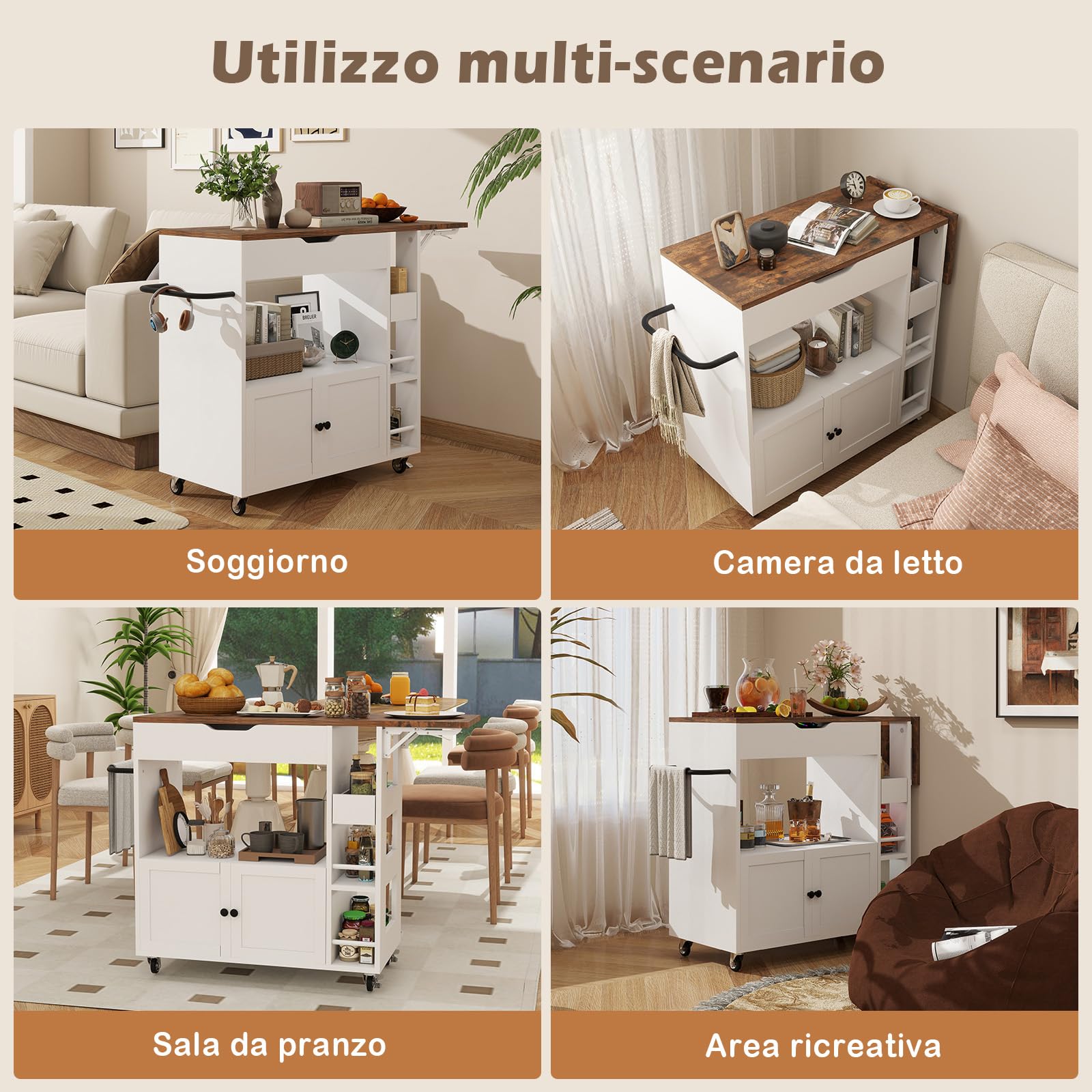 YU YUSING Isola Cucina con Piano Ribaltabile, Carrello da Cucina Salvaspazio con 4 Ruote, Mobile Cucina con 4 Ripiani, Mobile Microonde, Credenza Cucina, Manico in Ferro, Cassetto, 104x40x89cm, Bianco