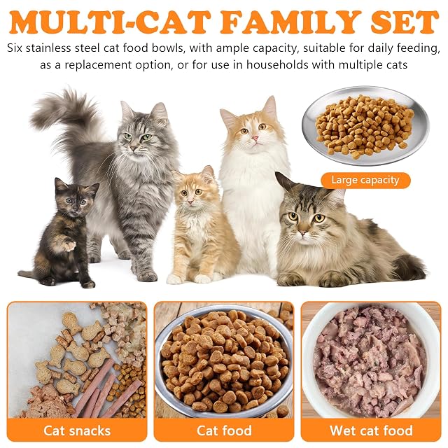 Foto 7 de 7 de 6 Cuencos para Gatos Planos de Acero Inoxidable: 17 Cm, con Base Antideslizante, Comedero para Gatos