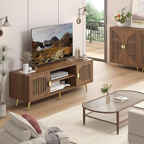 Miniatura 8 de Soporte de TV de nogal de 55 pulgadas para televisores de hasta 65 pulgadas, mesa consola central de entretenimiento moderna de mediados de siglo
