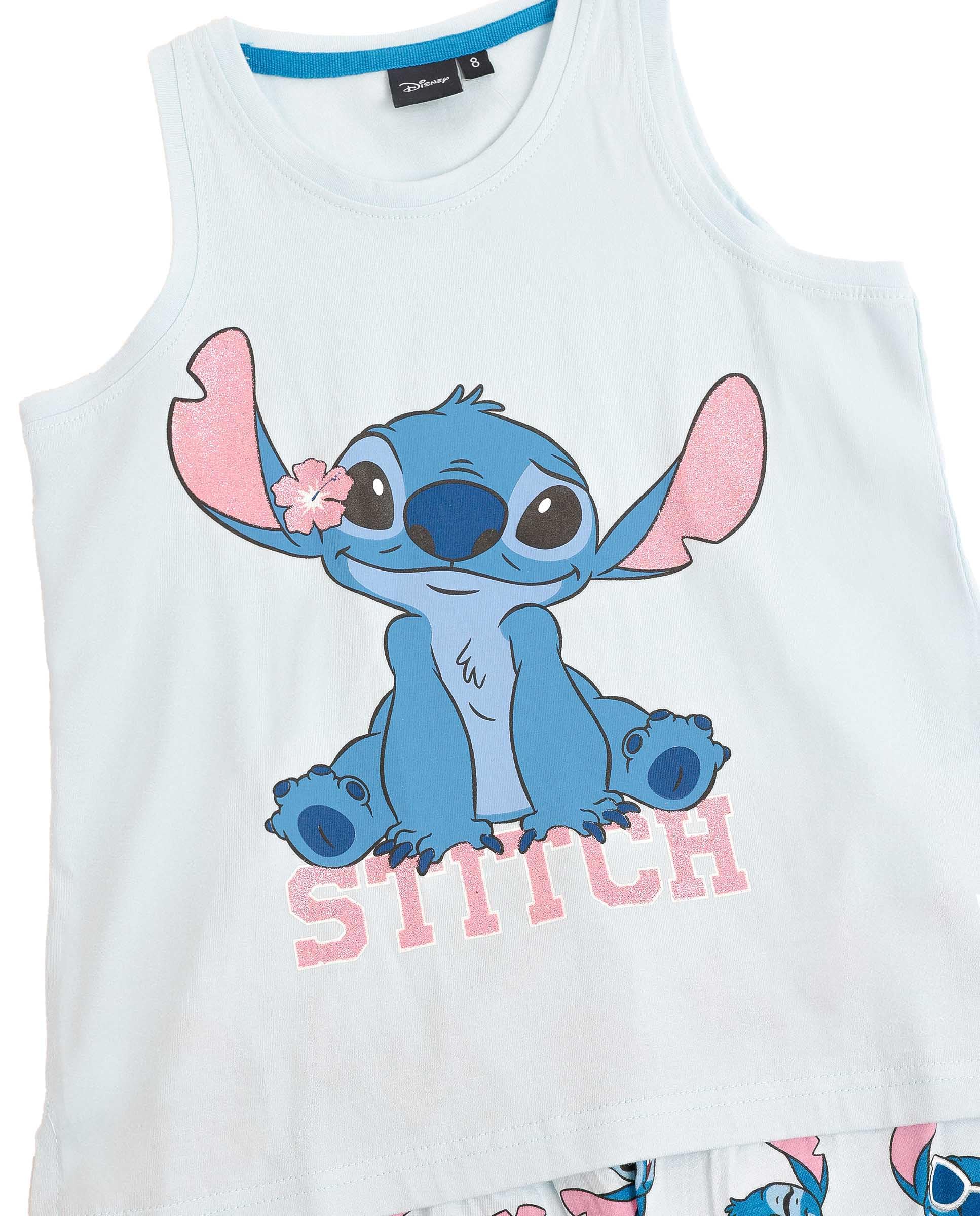 Disney Pijama niña Verano 100% algodón - Pijama sin Mangas Stitches para niña – pantalón Corto con Cinturilla elástica Estampado – Tejido Suave al Tacto, Azul - Talla 8 años