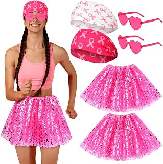 6 Pcs Breast Cancer Awareness Accessories Costume with Pink Ribbon Running Adult Tutu Skirts Headbands Heart Glasses Breast Cancer Survivor Inspirational Gift for Women Chemo Patients