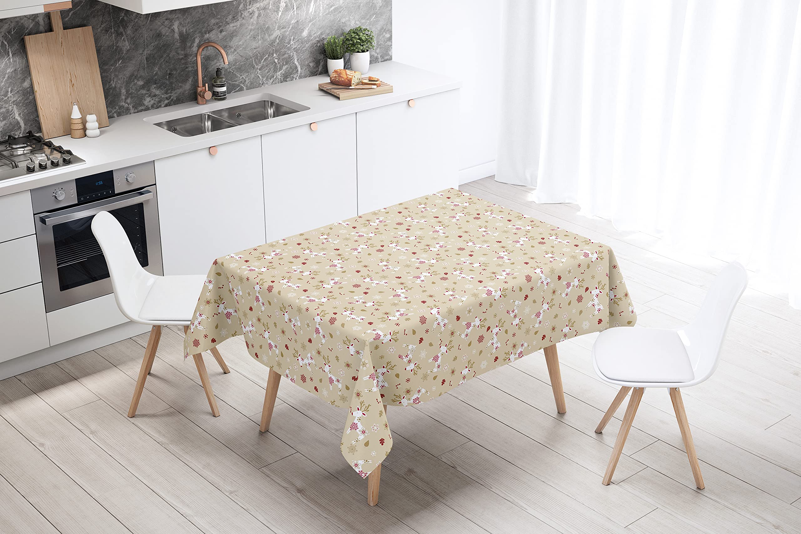 Karina Home Scandi Christmas Reindeer PVC Vinyl Wipe Clean Oilcloth Tablecloth (200cm x 140cm, Cream), 78.7 x 55.1 inch (Rectangular) - Image 4