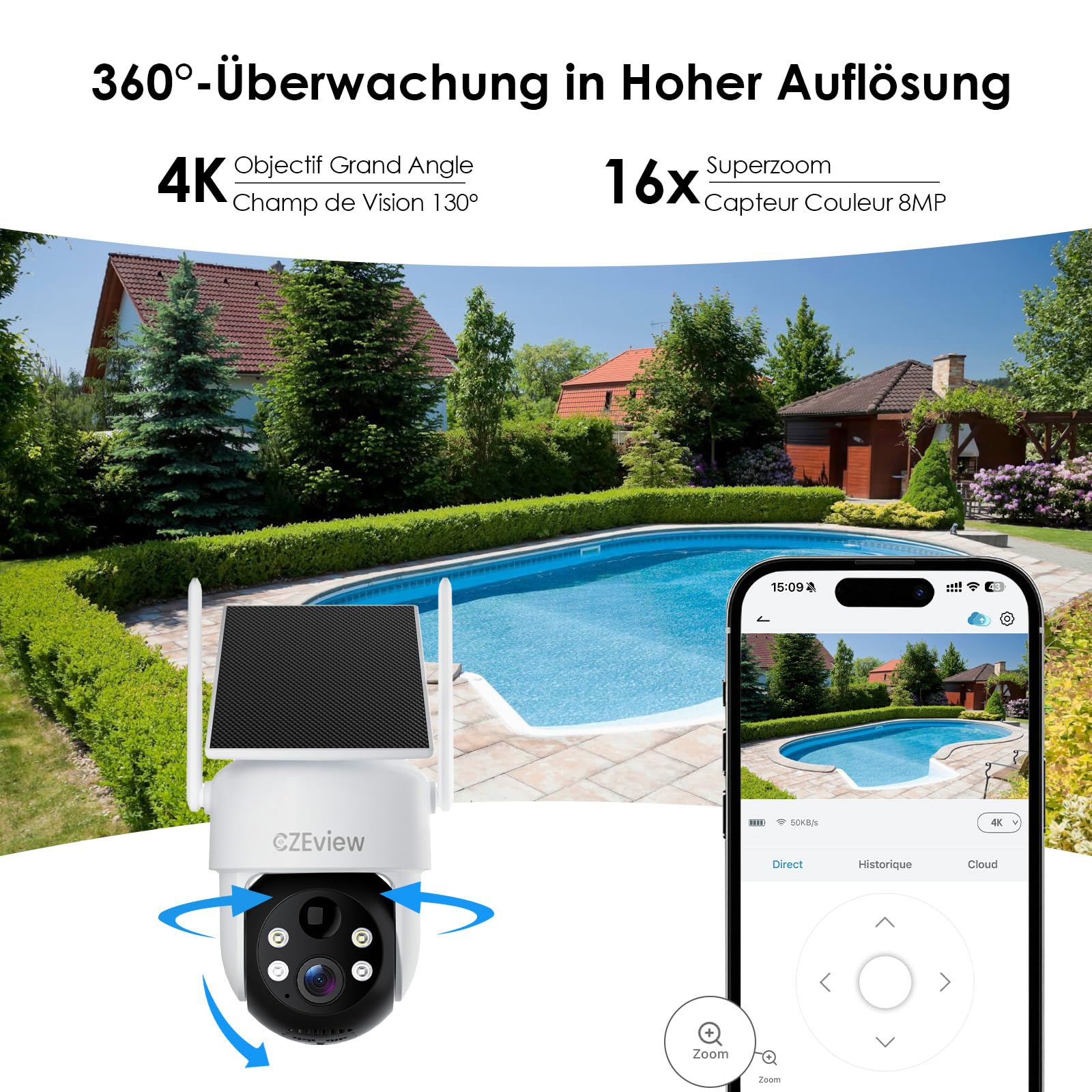 CZEview 4K 8MP UHD Überwachungskamera Aussen Akku Solar, Kabellos, Weiß | 100% kabellos, 4K UHD, Nachtsicht, Bewegungsalarme, PTZ 360°, wetterfest, lange Akkulaufzeit, einfache Install.