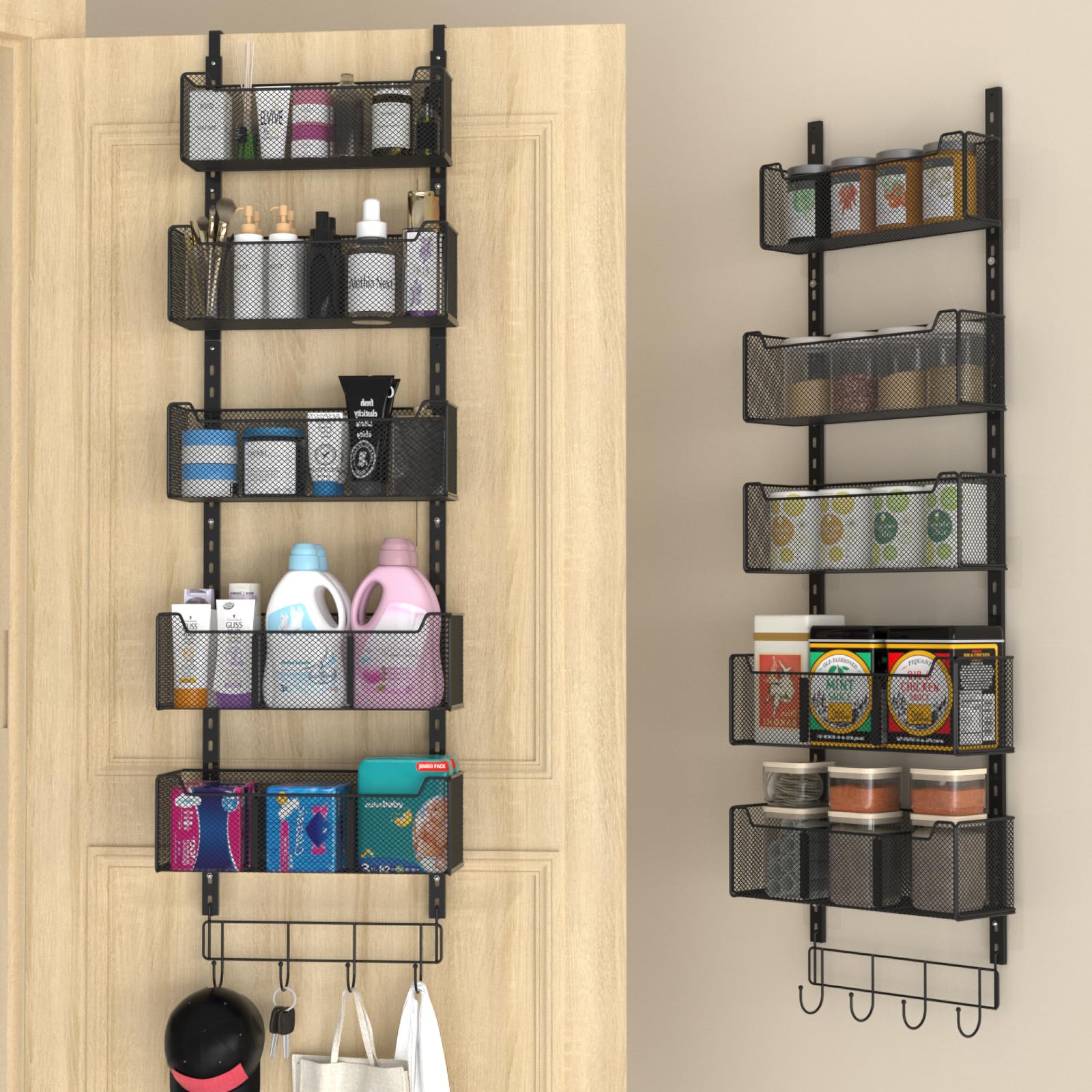 VyGrow Over The Door Storage, Metal Door Organiser Hanging with 5 Adjustable Baskets and Coat Hook, Behind The Door Storage for Bedroom Closet Bathroom Pantry Cabinet Kitchen, Black