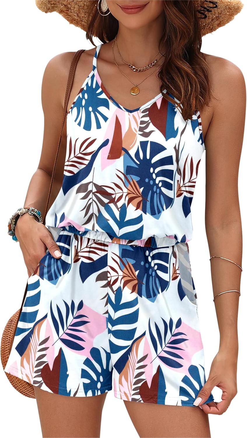 MISFAY Womens Summer Loose V Neck Spaghetti Strap Short Jumpsuit Rompers