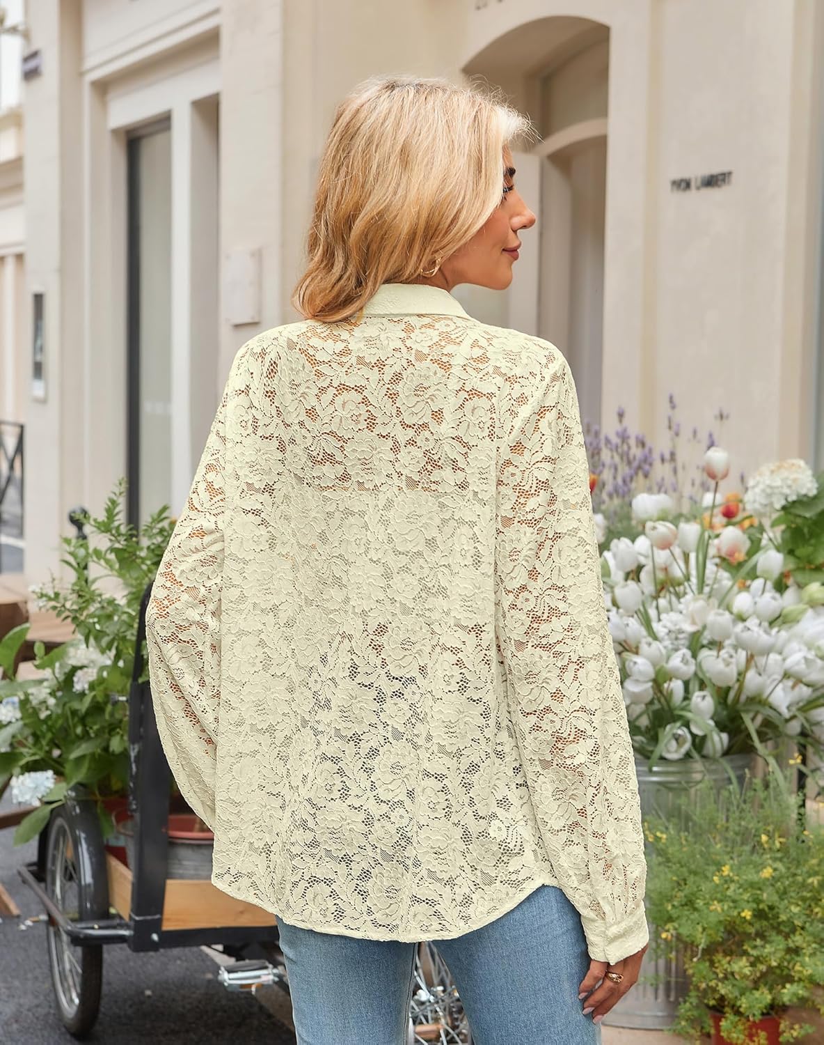 Angashion Women Dressy Casual Tops Long Sleeve Lace Button Up Shirts V Neck Trendy Tunic Loose Blouses - Image 3