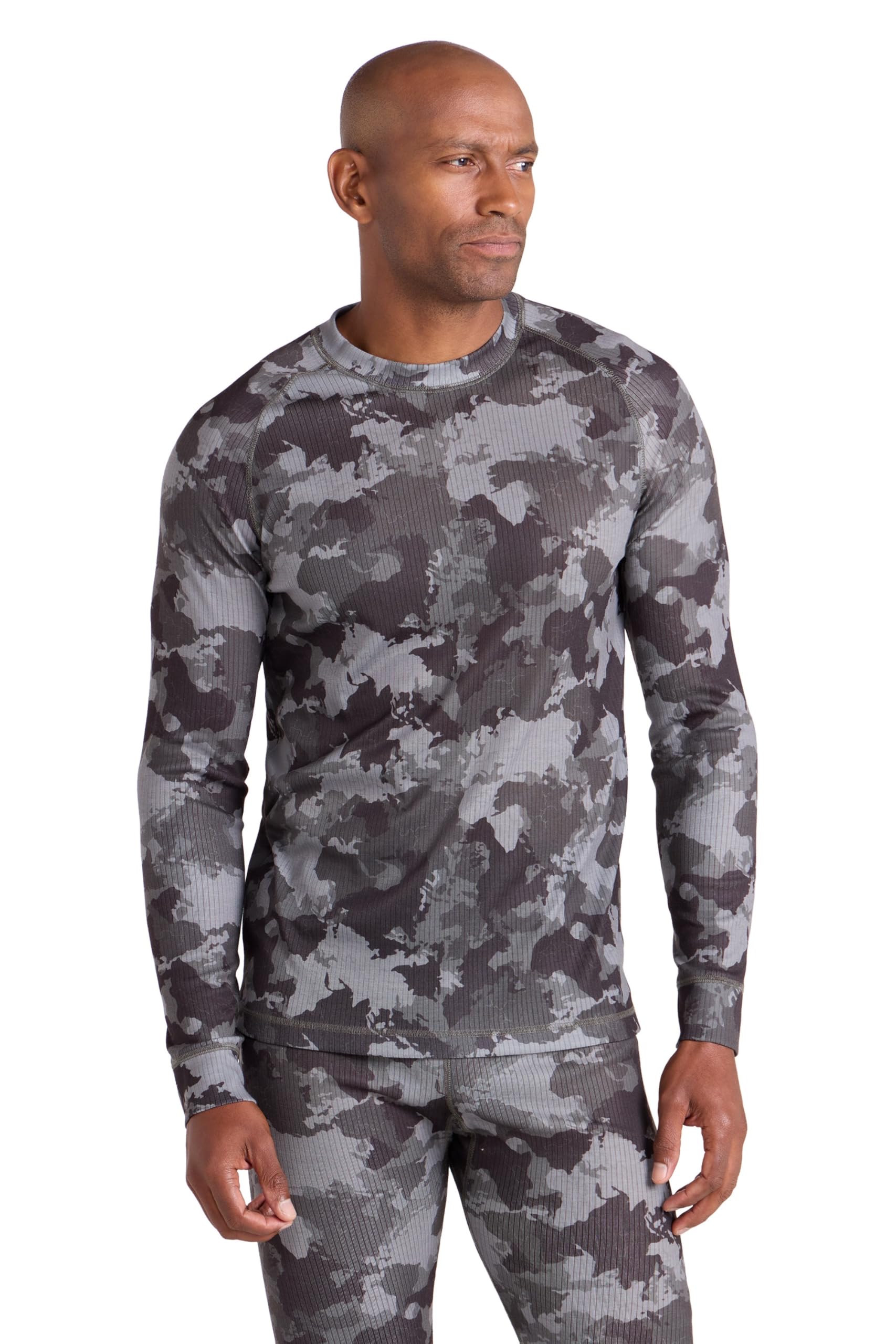 Mountain Warehouse Talus Printed Round Neck Mens Top - Fast Wicking Thermal Base Layer, Long Sleeves, Fast Dry Sweater, Lightweight - for Camping, Hiking Camouflage (Printed) L