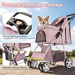 Poussette chien pour petits chiens et chats moyens, Pousset de chat pour chiot pliant Pousse de chat avec porte-gobelet et panier de rangement, 4 Roues roses